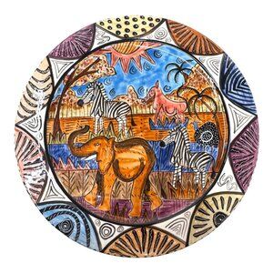 Penzo Zimbabwe African Safari Handpainted Plate 9” Elephant Zebra Bright Signed